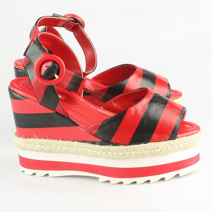 Prada Stripe Elastic Straps Wedge Sandals Red