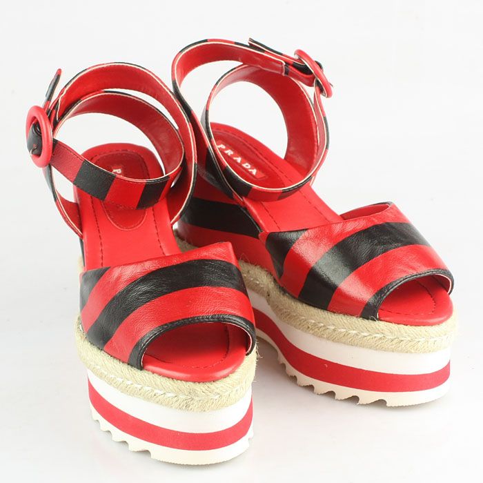 Prada Stripe Elastic Straps Wedge Sandals Red