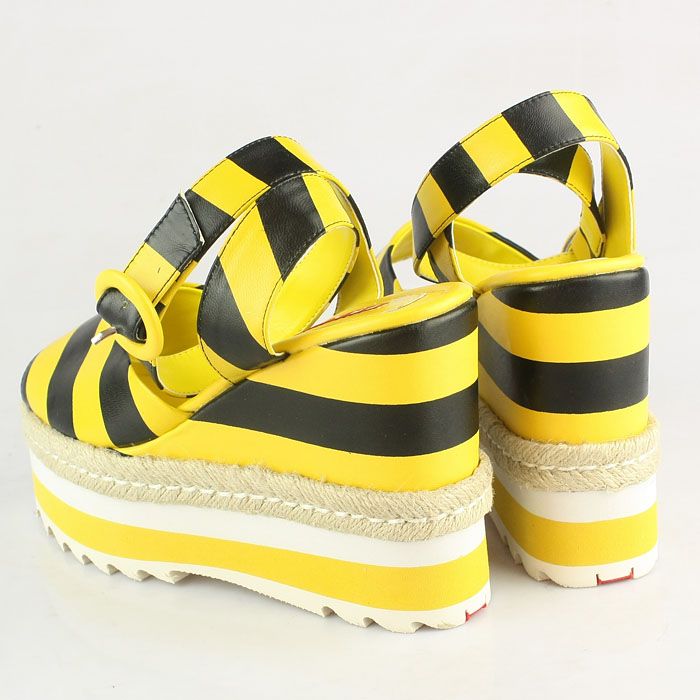 Prada Stripe Elastic Straps Wedge Sandals Yellow