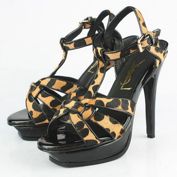 YSL Exposed Platform Open Toe Sandals Leaopard Print Horsehair