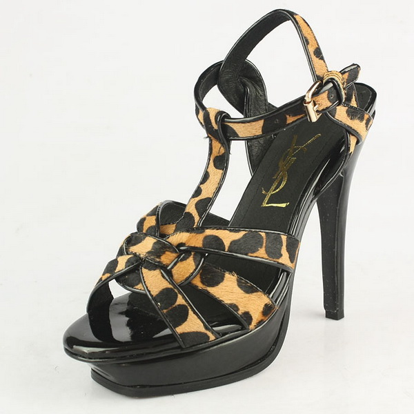 YSL Exposed Platform Open Toe Sandals Leaopard Print Horsehair