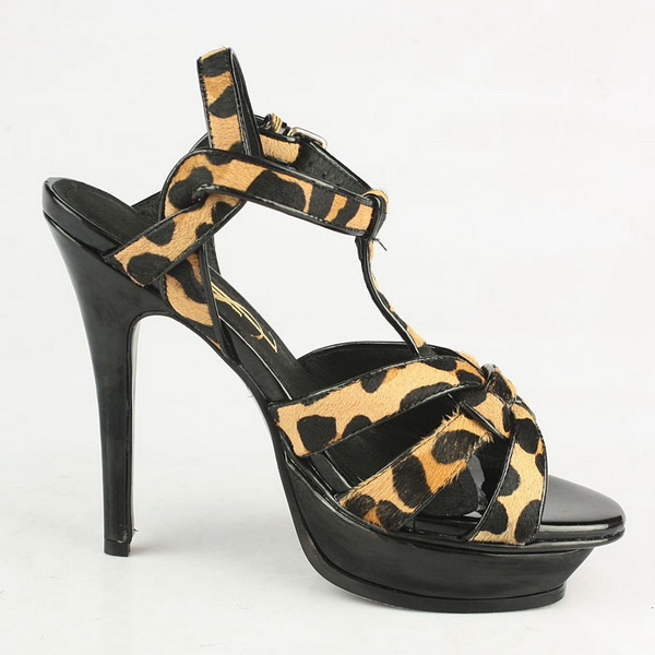 YSL Exposed Platform Open Toe Sandals Leaopard Print Horsehair