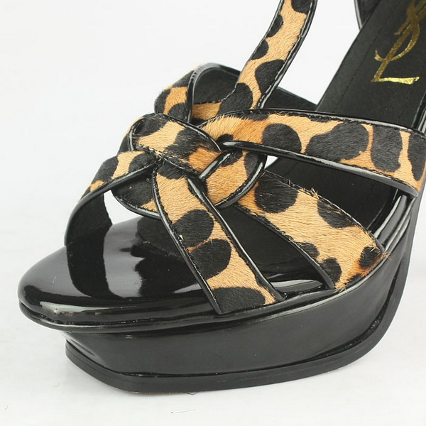 YSL Exposed Platform Open Toe Sandals Leaopard Print Horsehair