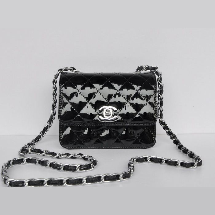 Chanel Classic Flap Borse Micro 1118 Nero Patent pelle hardware Argento