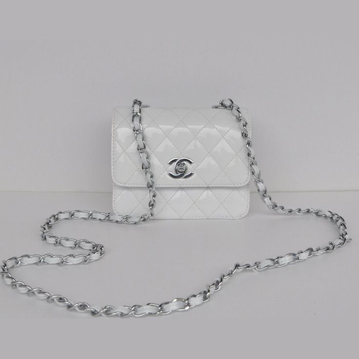 Chanel Classic Flap Borse Micro 1118 Bianco Patent pelle hardware Argento