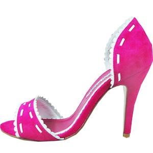 Manolo Blahnik lace-edged suede sandals fuchsia