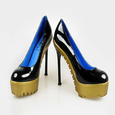 YSL patent yellow platform high heel pumps black