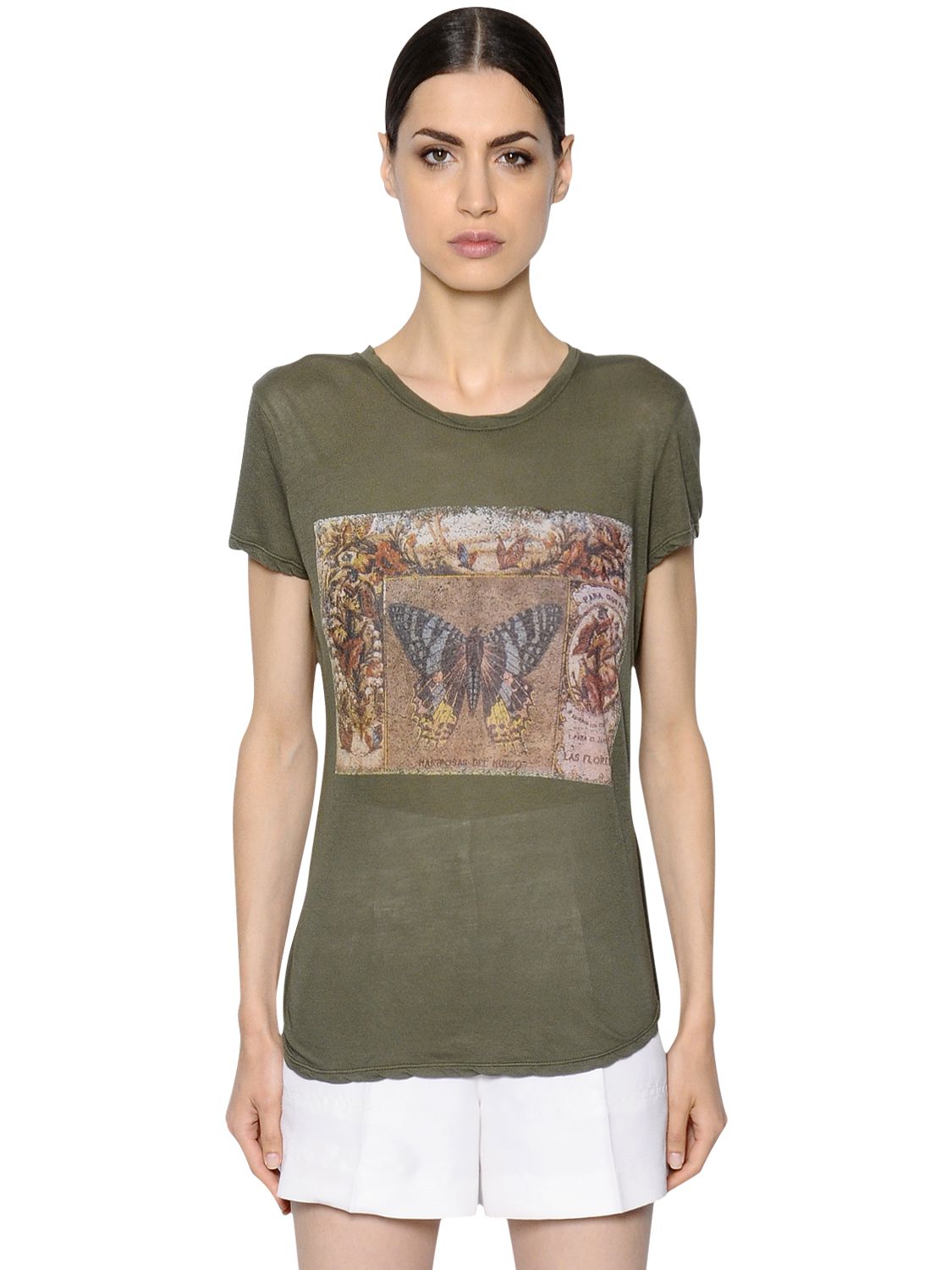 Valentino t-shirt in jersey di cotone farfalle stampate khaki donna abbigliamento,valentino sandalias,valentino sandali saldi,offerte