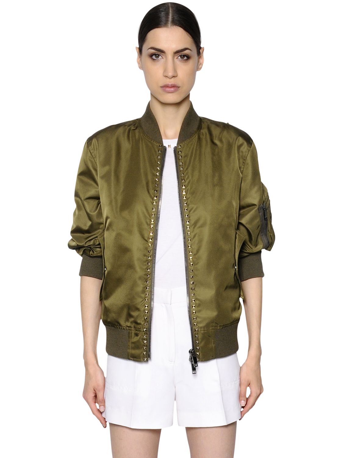 Valentino bomber in nylon con borchie khaki/green donna abbigliamento,valentino abbigliamento sito ufficiale,valentino scarpe borchie,vendita online Italia