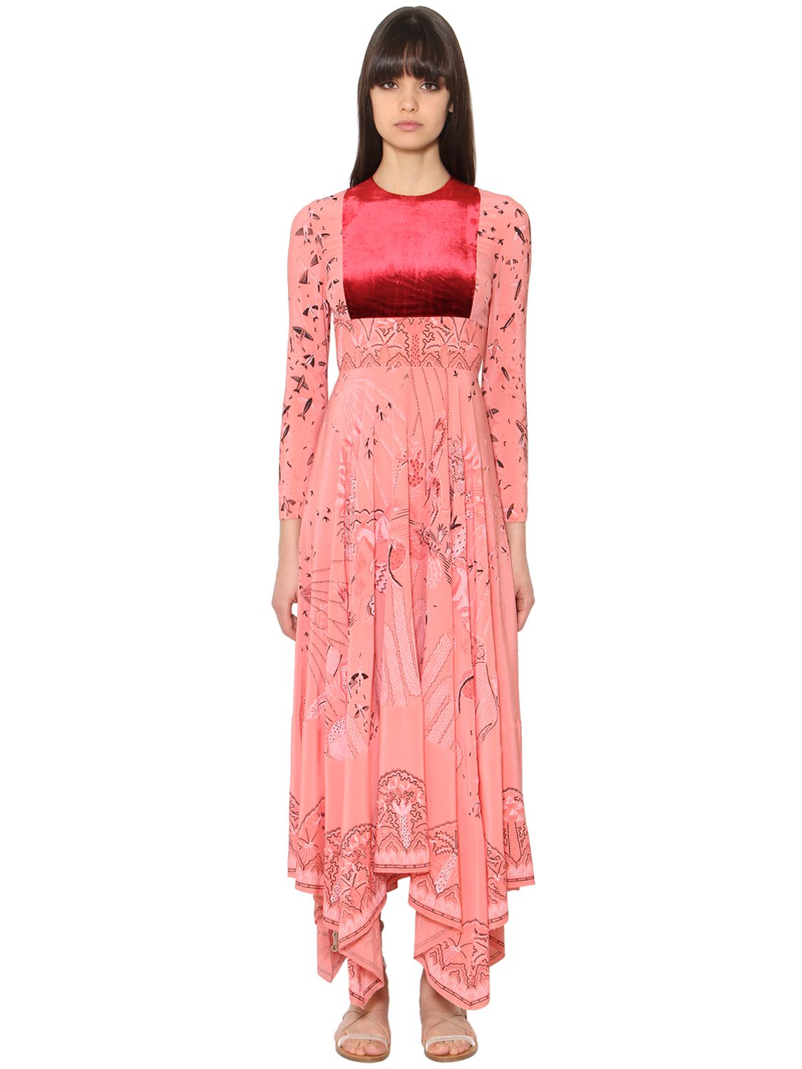 Valentino abito in crepe de chine e velluto rosa donna abbigliamento,valentino sandali,valentino vestiti da sera,a milano