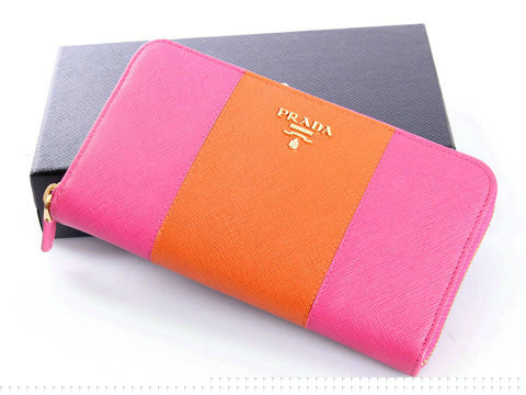 Prada Saffiano Bicolor Zip -Around Wallet 1M0506 in Peach / Aran