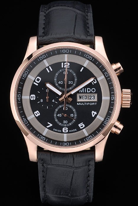 Mido Multifort Rose Gold Stainless Steel Bezel Black Croco Leather Bracelet Black Dial 80279